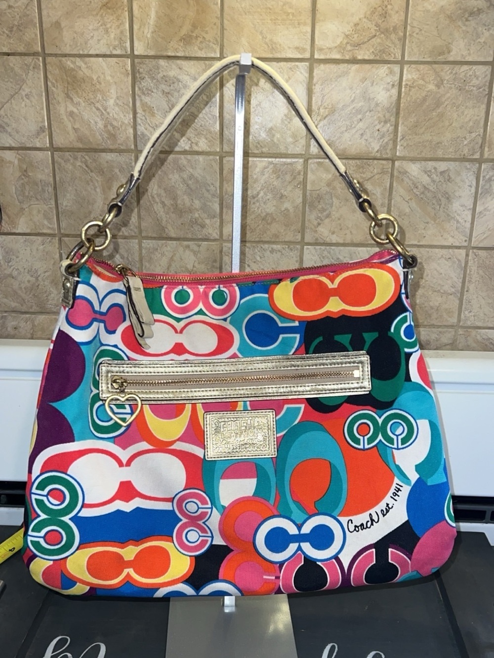 Coach Multicolor Patterned Shoulder Bag with Gold Accents 🔥🔥🔥